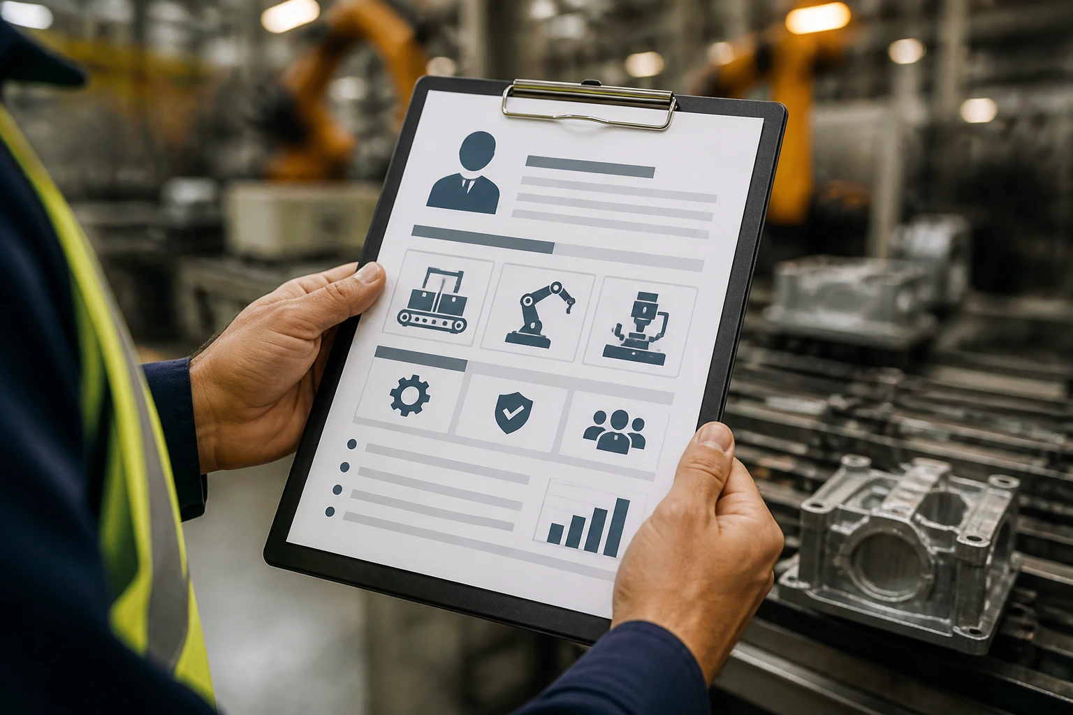 Close-up of factory worker hands with a CV layout on clipboard on factory floor