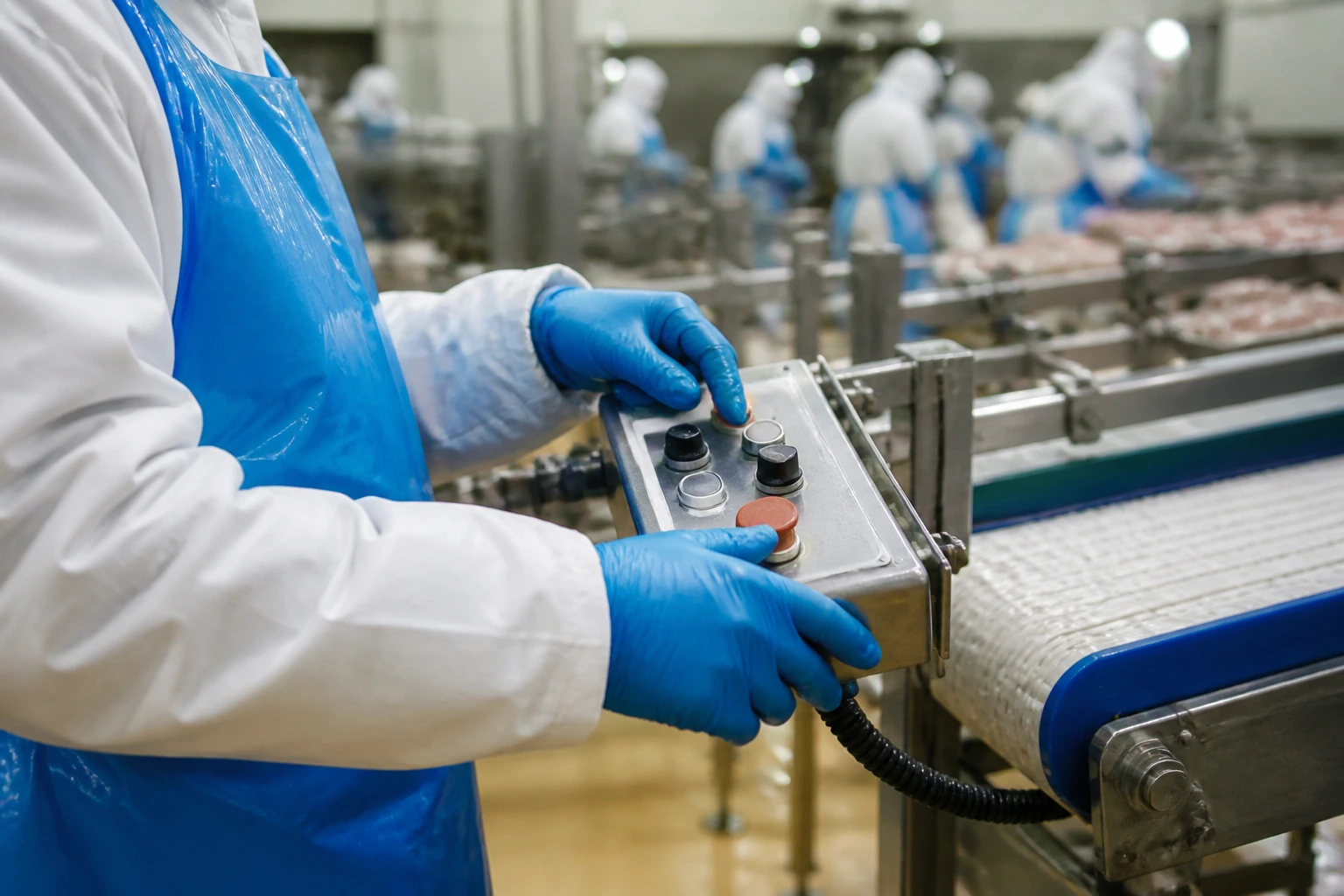 Close-up of a factory worker's gloved hands on a production line