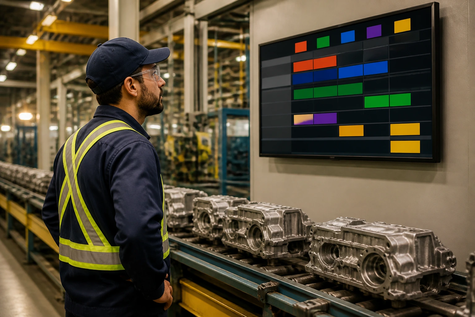 Worker viewing a shift schedule on a digital board with abstract blocks