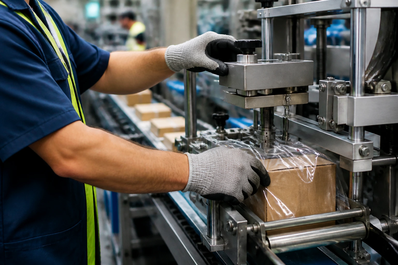 Close-up of hands operating a packaging machine on a factory line