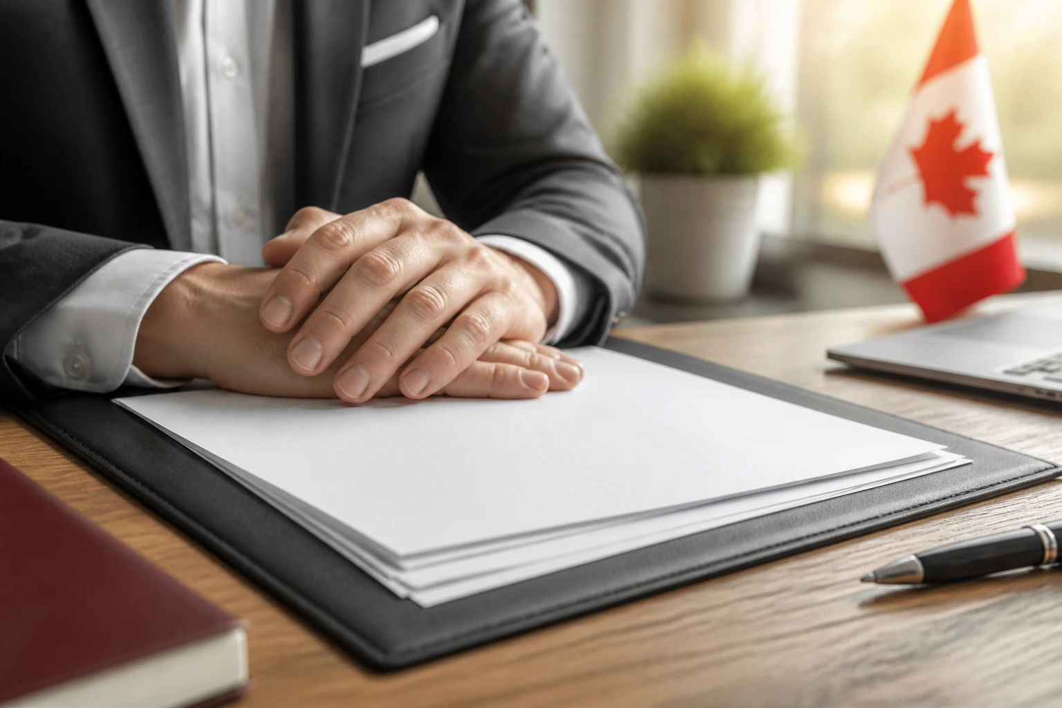 Close-up of a professional's hands on blank contract pages in a bright office