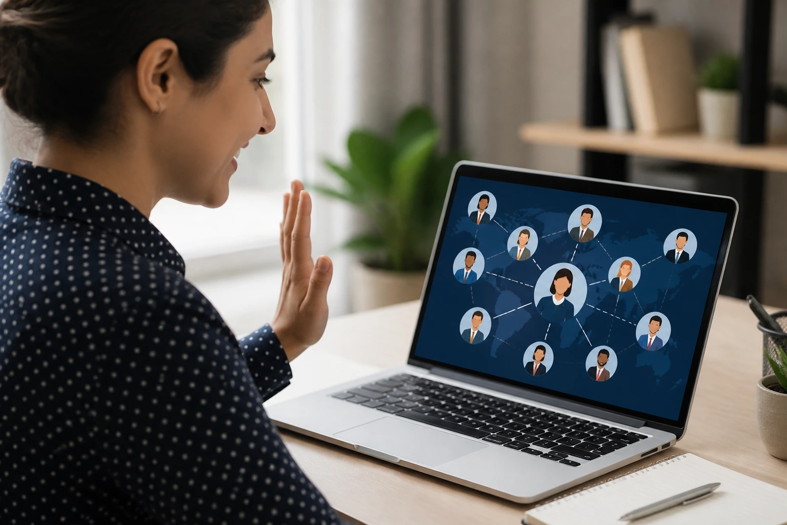 Person engaging in a virtual networking session from a home office.