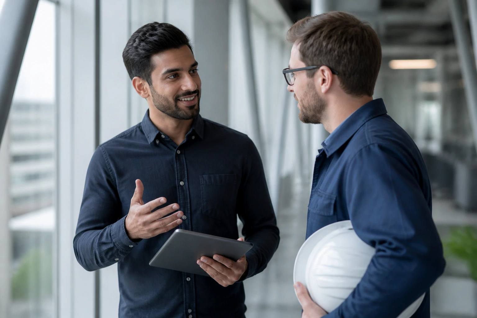 Two engineers networking in a modern space