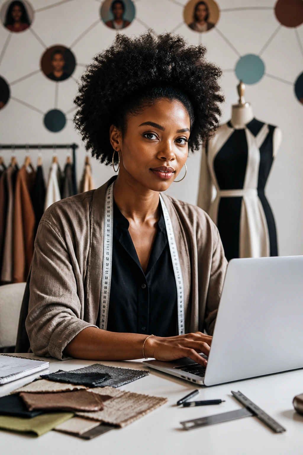 Medium close-up of a fashion professional at a desk with laptop; network motif behind, no text
