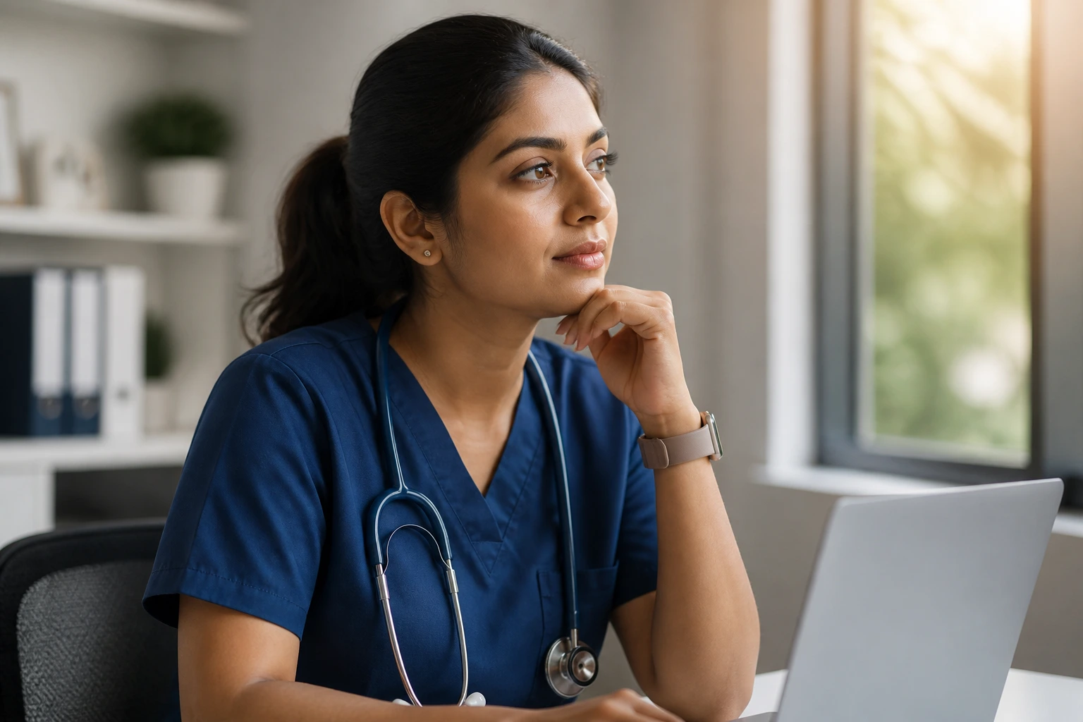 Professional portrait at desk near window with thoughtful expression