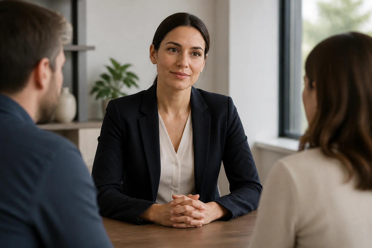 Professional in a meeting room demonstrating ethical migration advice (no text)