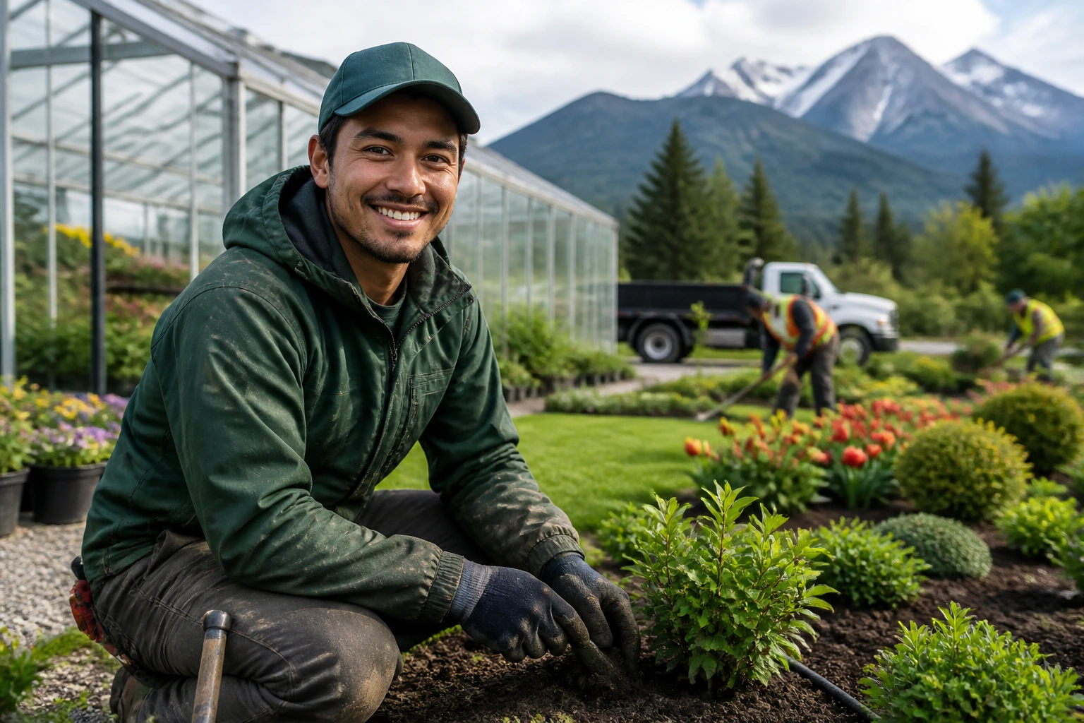 Gardener outdoors with varied Canadian worksites in background