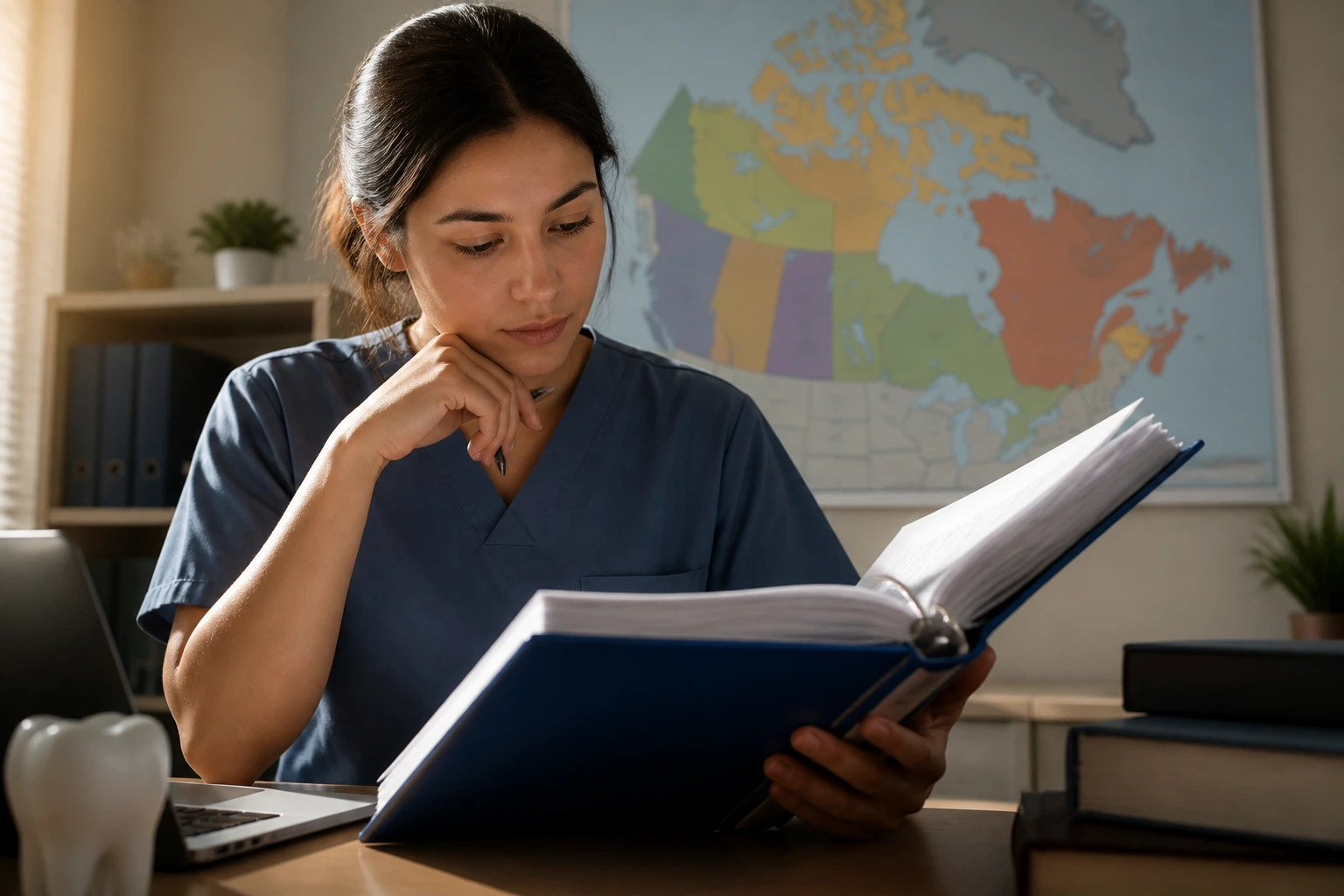 Professional studying regulatory pathway with Canada map on wall