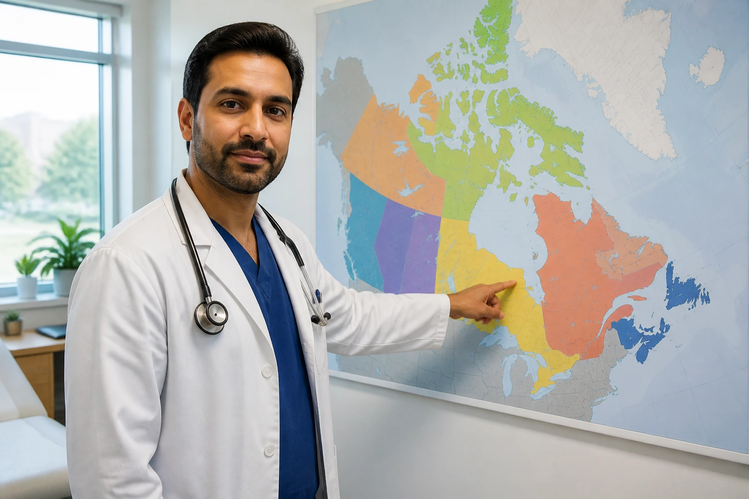 Physician with color-coded map of Canadian provinces