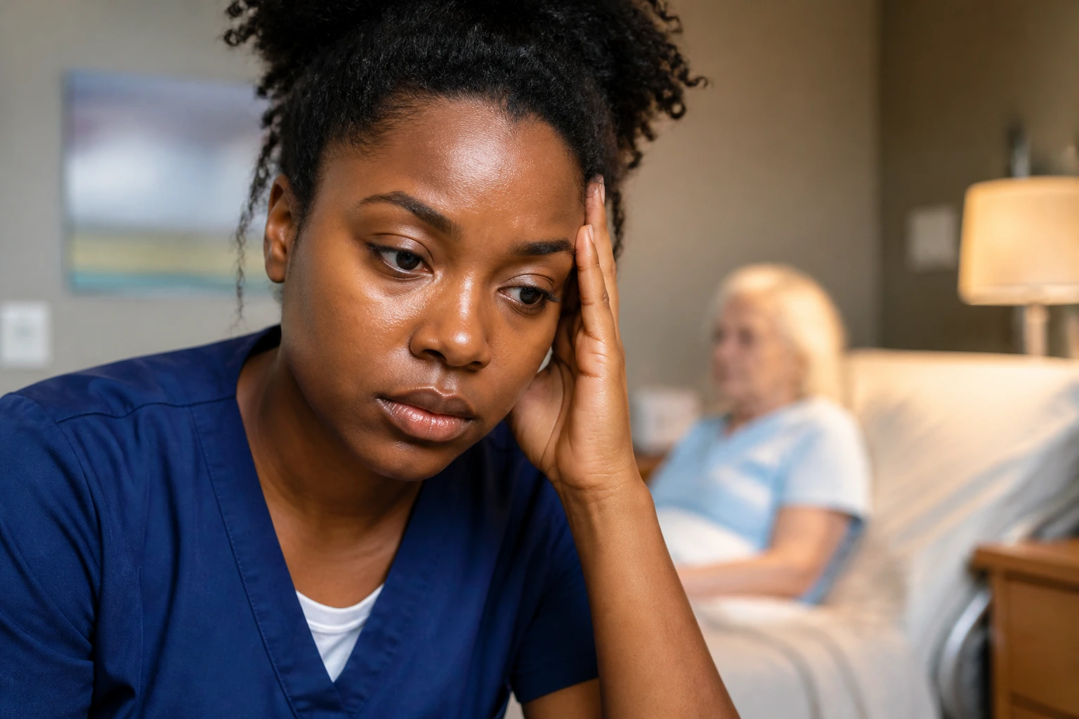 Close-up portrait of a PSW in uniform in a care setting, illustrating challenges and realities