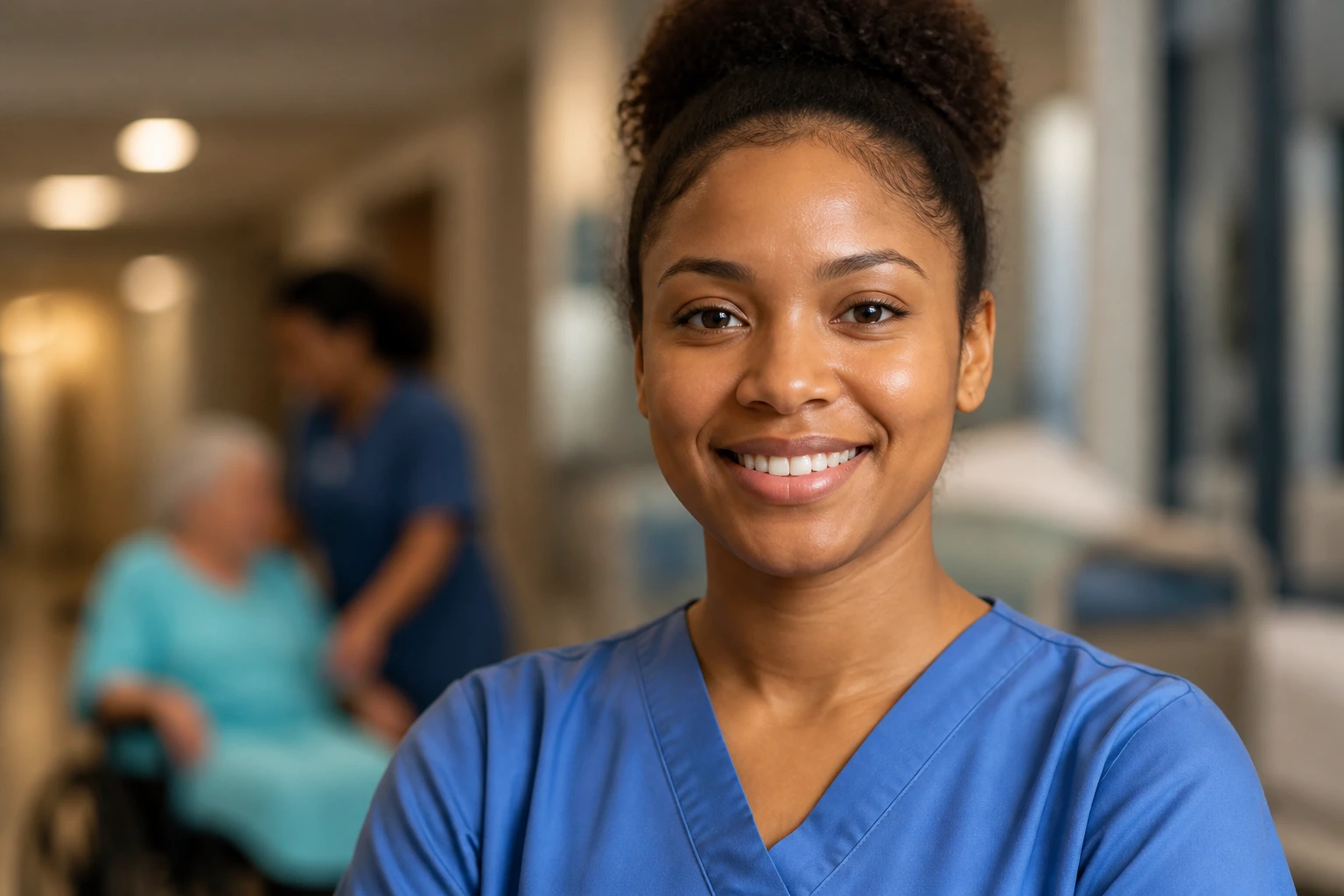 Close-up of a PSW in scrubs emphasizing essential qualifications