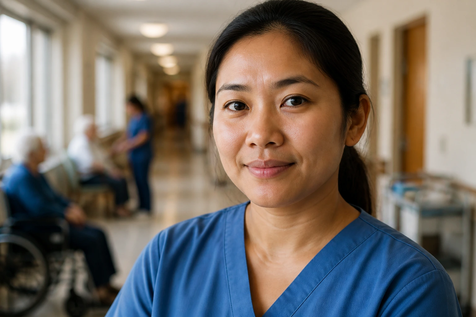 Close-up of a fatigued PSW in a care facility corridor conveying healthcare staffing shortages in Canada