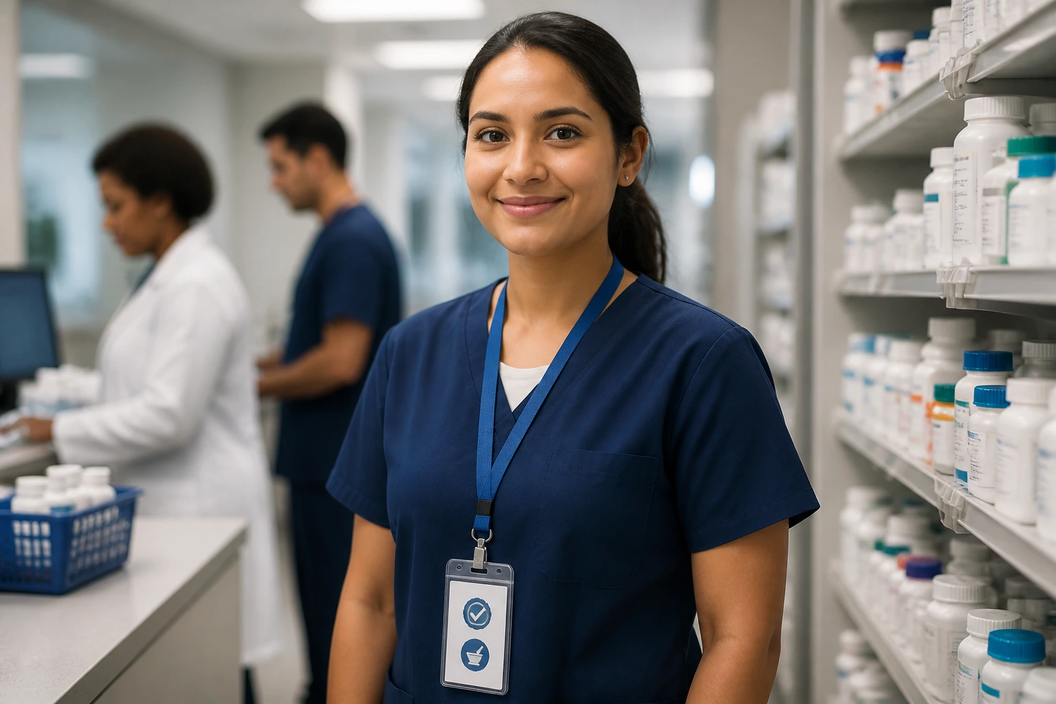 Healthcare professional with certification badges on lanyard