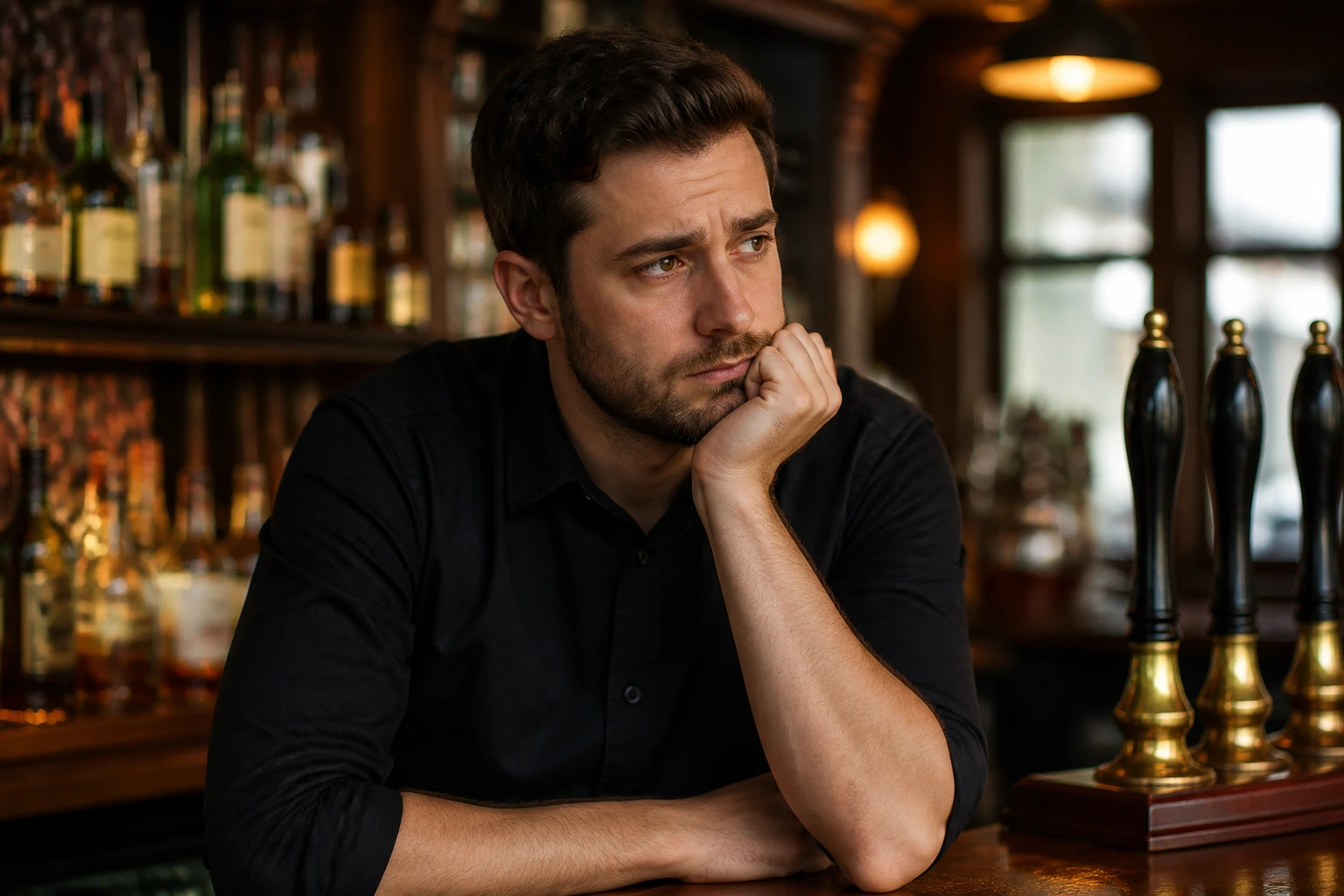 Close-up pub bartender portrait, illustrating visa sponsorship challenges.