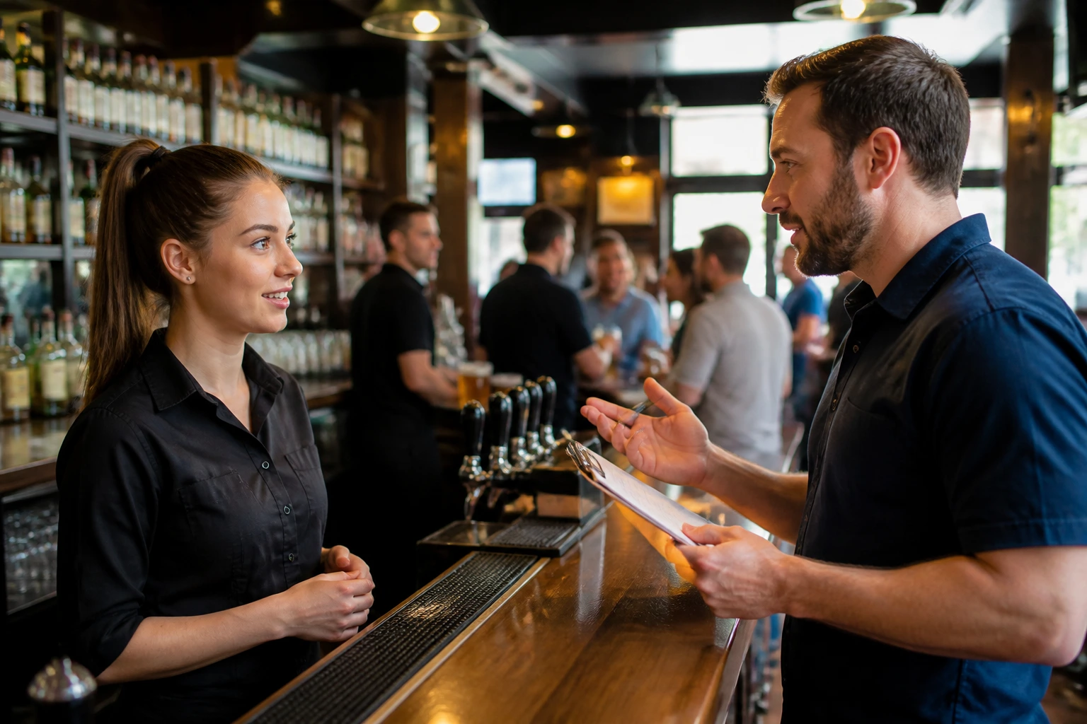 Candidate in neat work attire during pub interview near the service pass.