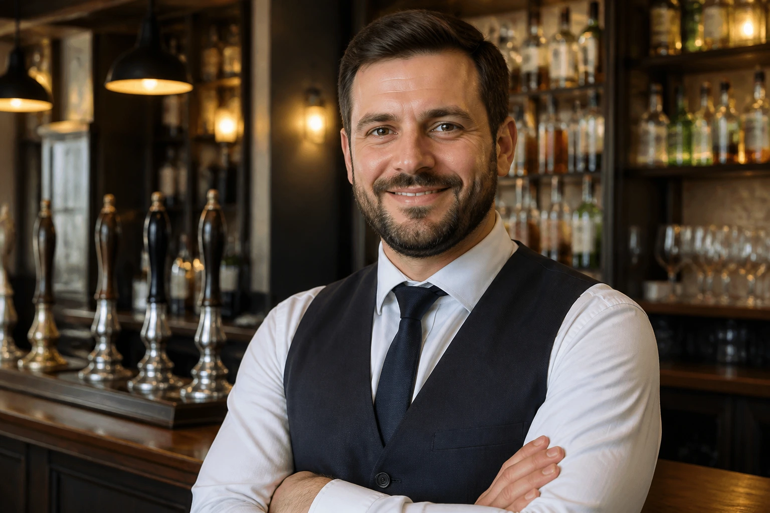 Real pub manager in uniform in bar setting