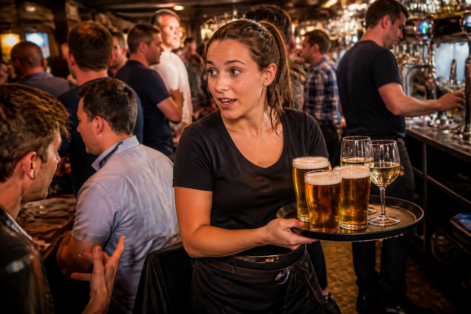 Pub worker in a busy bar during peak service