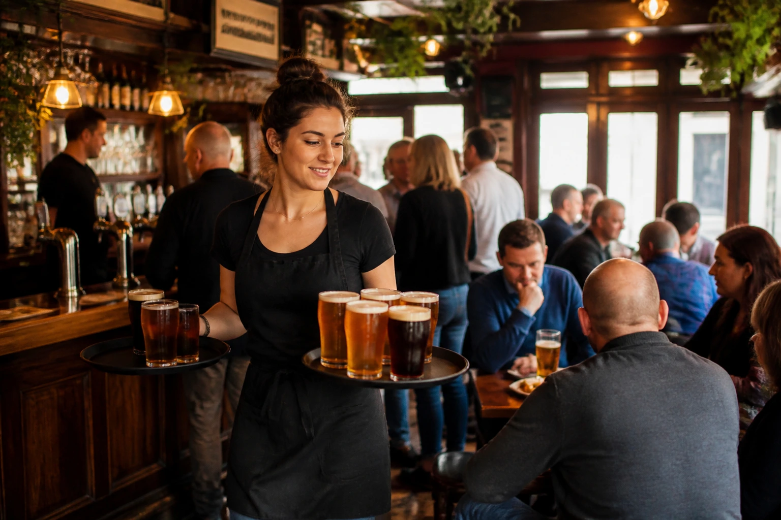 Pub worker carrying trays during a busy shift in a UK pub interior