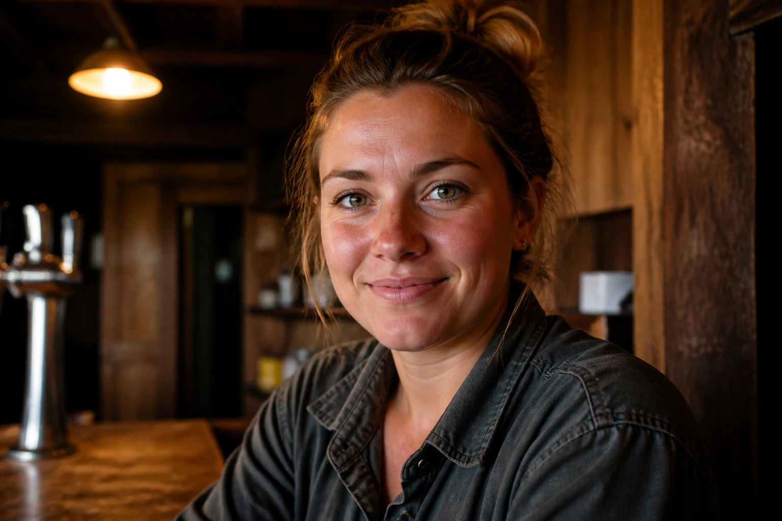 Close-up pub worker portrait in country pub backroom with warm lighting.