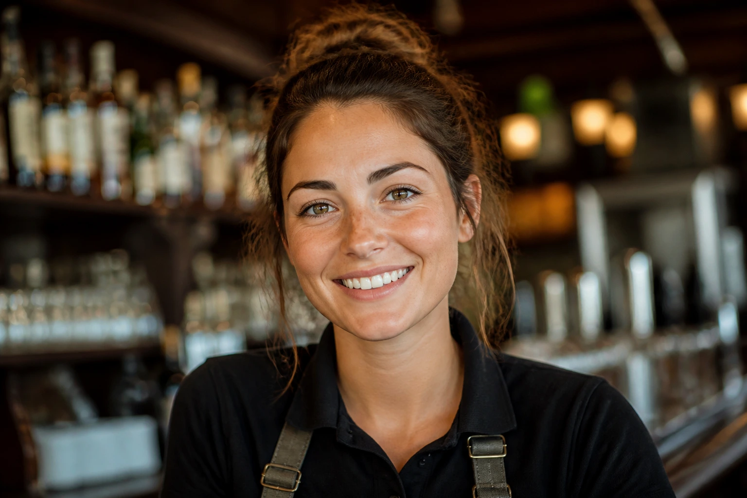 Portrait of a pub worker in uniform in a warm pub interior