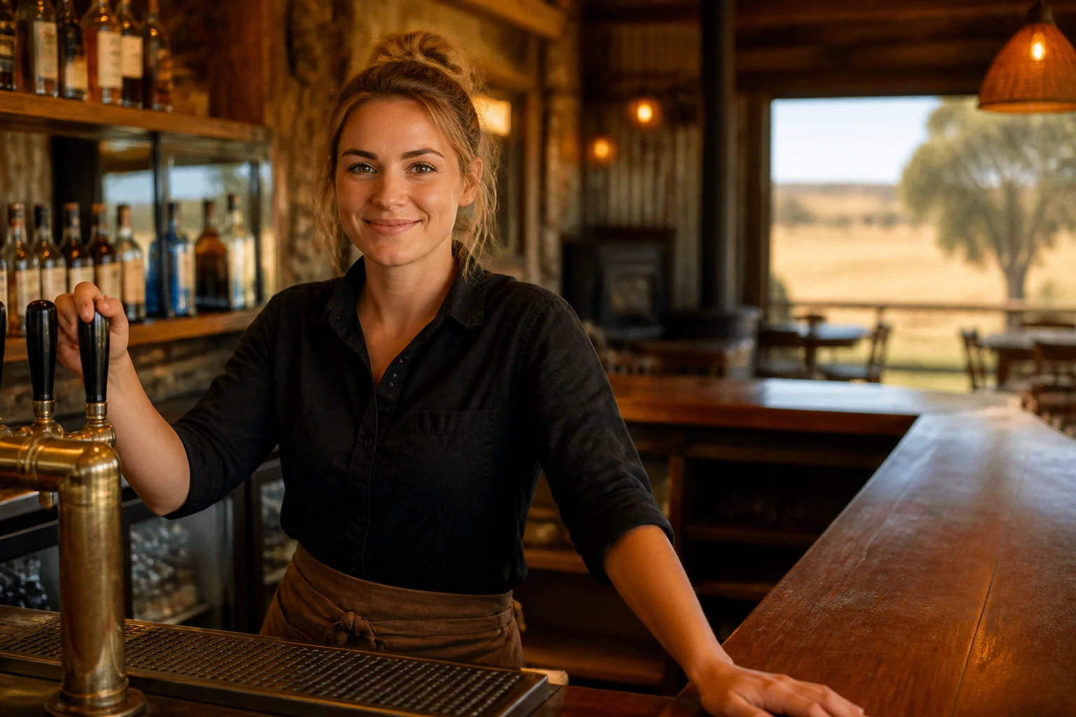Close-up of a pub worker behind a rustic country pub bar with warm lighting.
