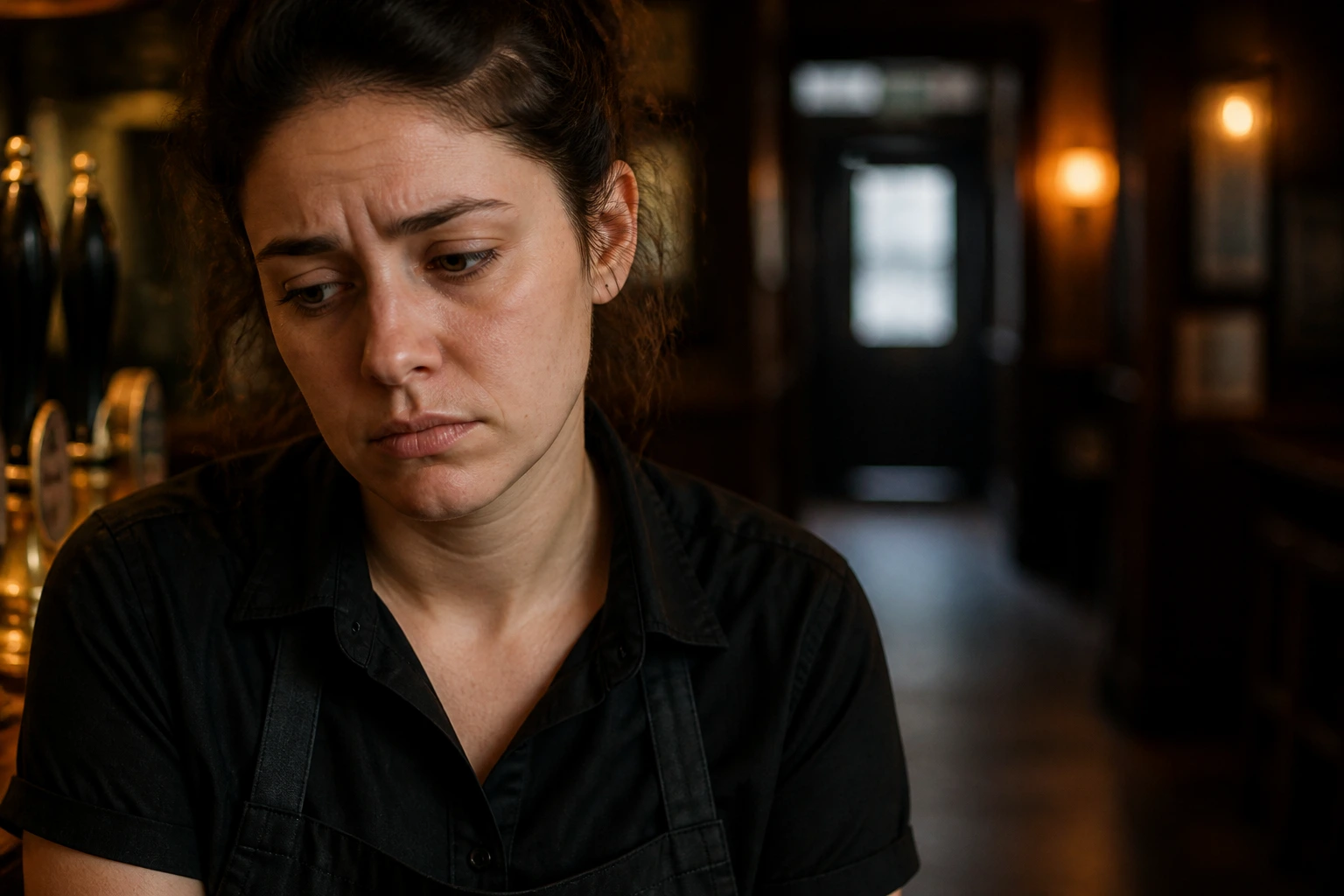 Close-up of pub worker in uniform inside a dim pub, facing camera