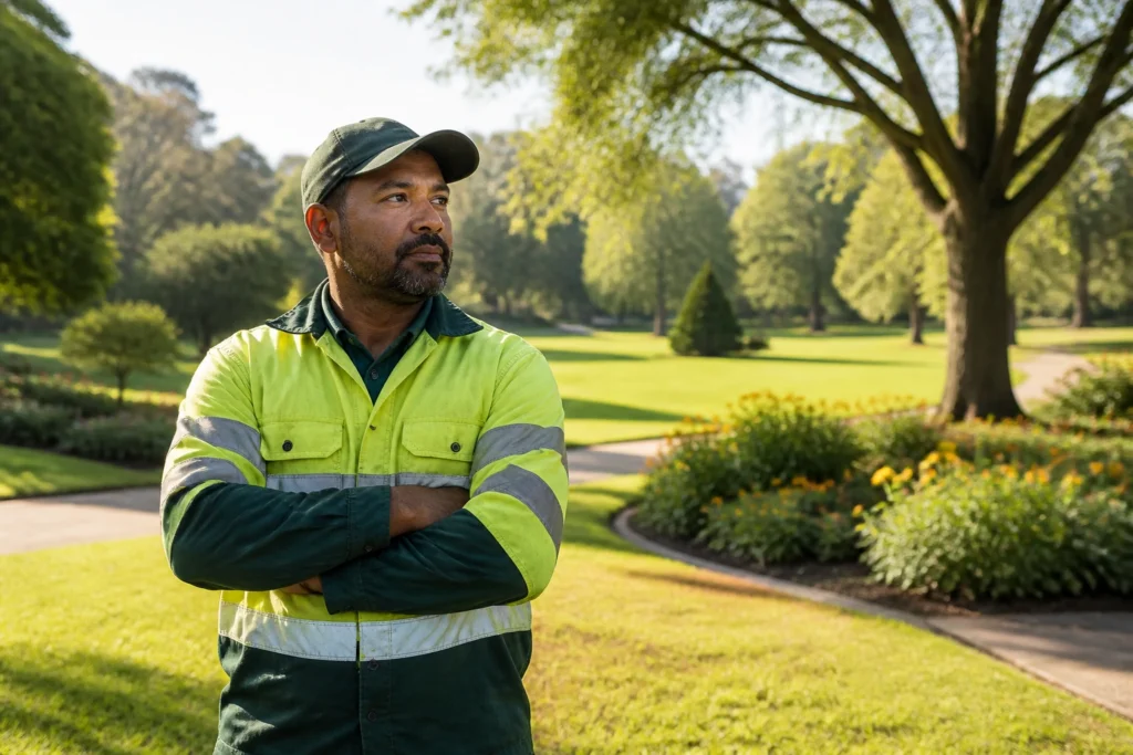 Medium close-up of a council groundsworker in hi-vis in a large public park
