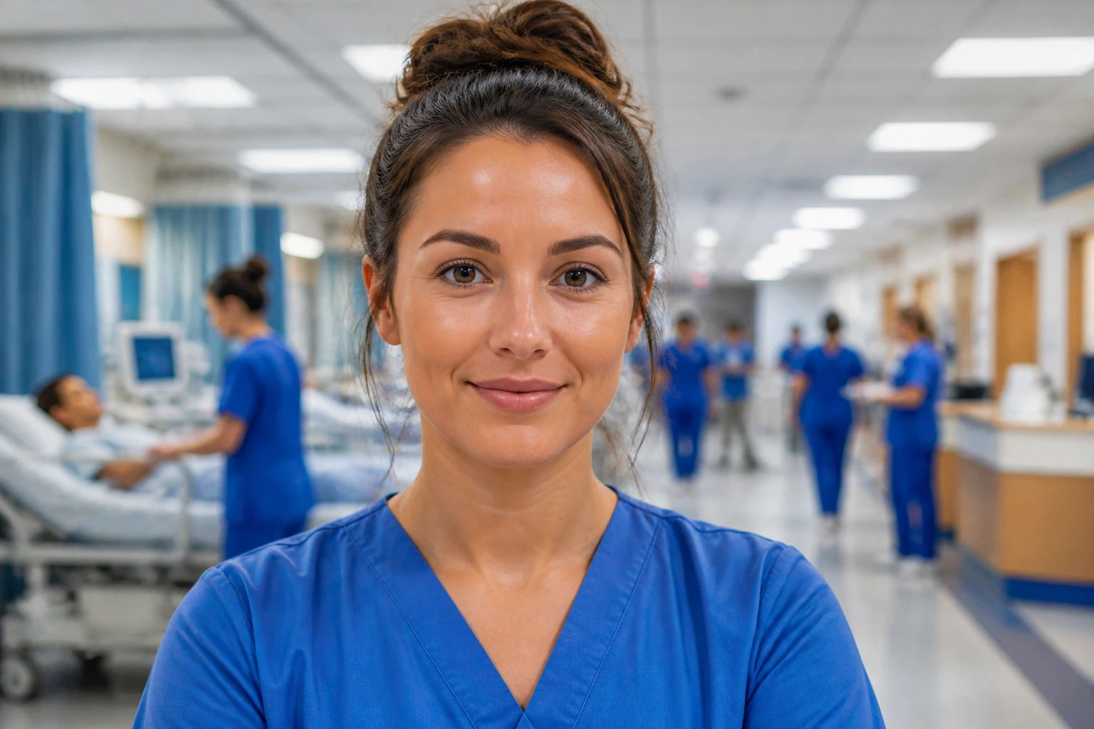 Nurse in blue scrubs in a hospital corridor, illustrating the public hospital setting.