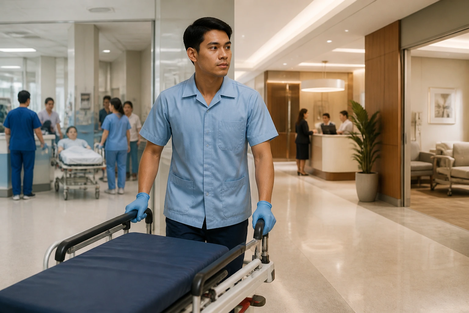 Orderly in a hospital corridor illustrating public vs private recruitment differences
