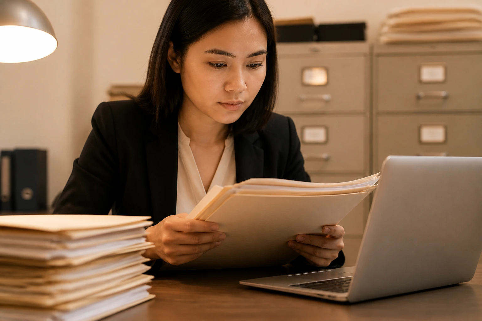 Person reviewing public records in an office setting