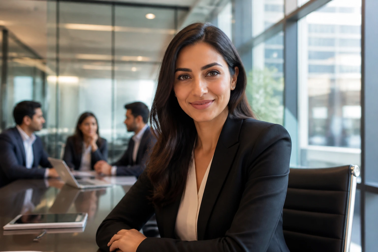 Close-up portrait of a PwC consultant in a modern conference room.