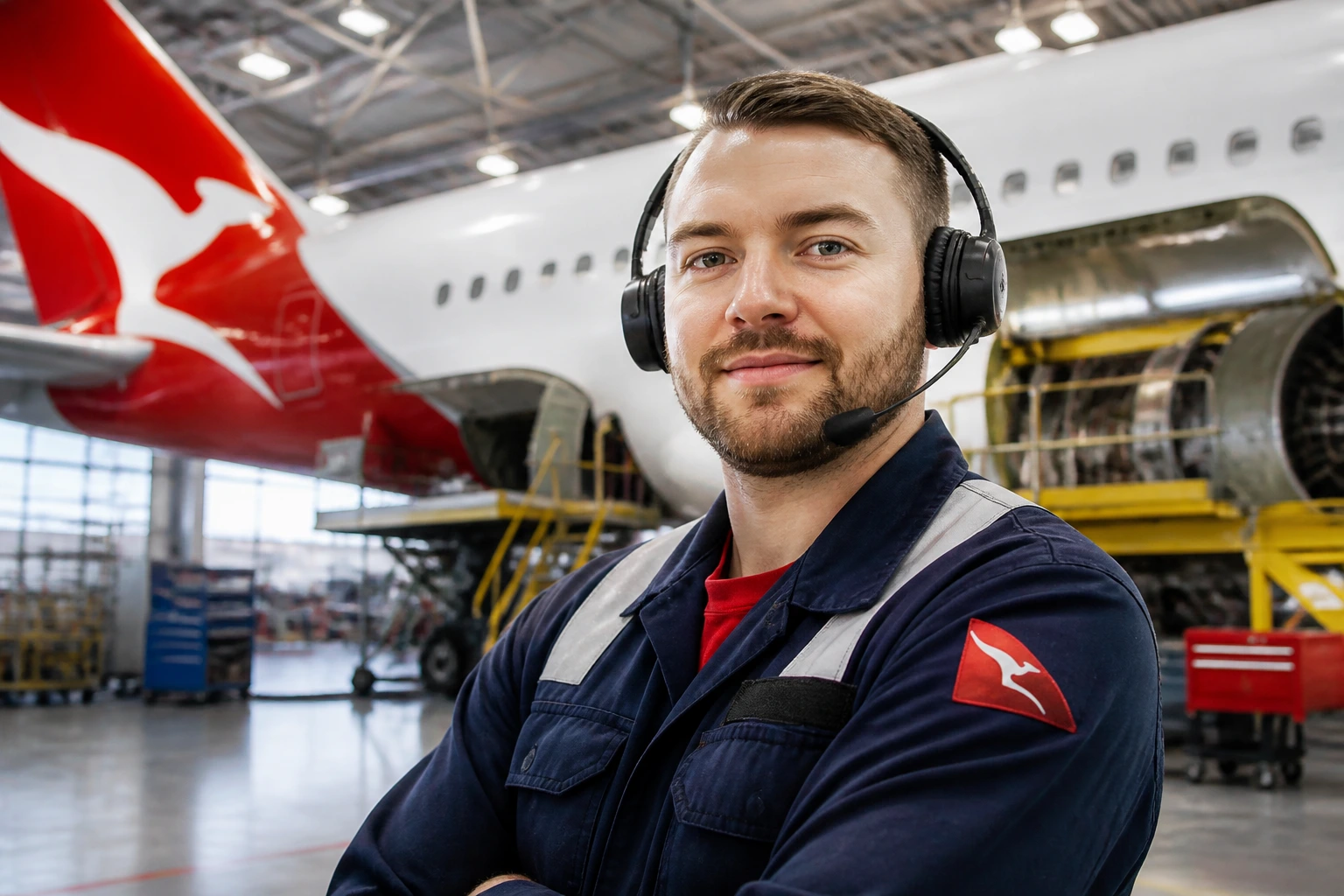 Close-up portrait of an aircraft maintenance engineer in a hangar