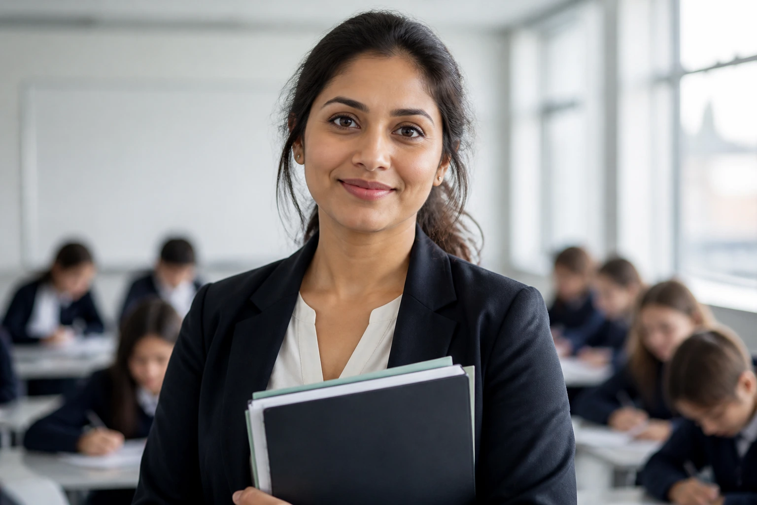 Medium close-up of an international educator in a classroom ready to pursue QTS.
