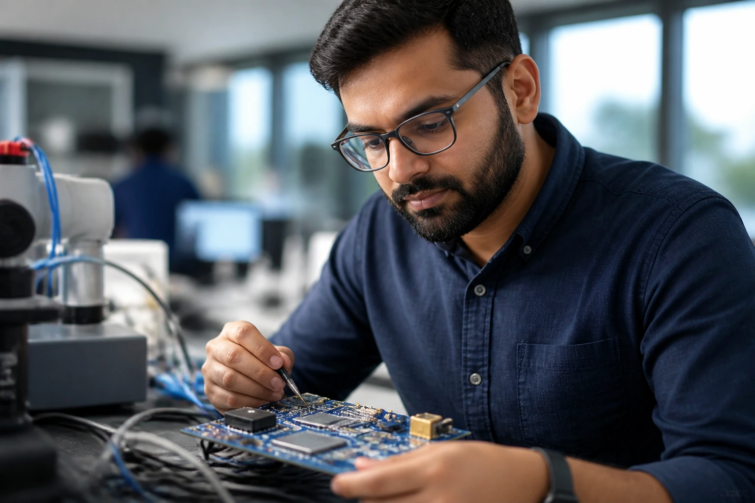 Portrait of a Qualcomm engineer in a modern laboratory