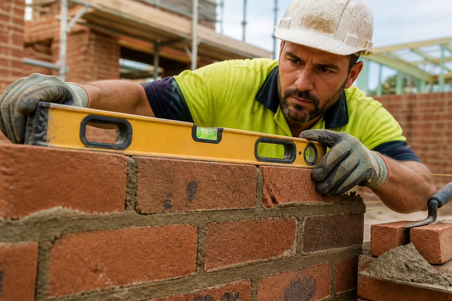 Bricklayer using a level to check brickwork with a focused frame.