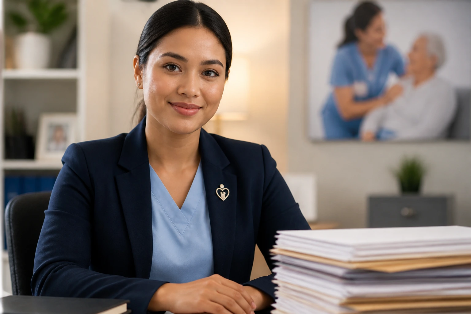 Candidate in professional attire with lapel pin in office