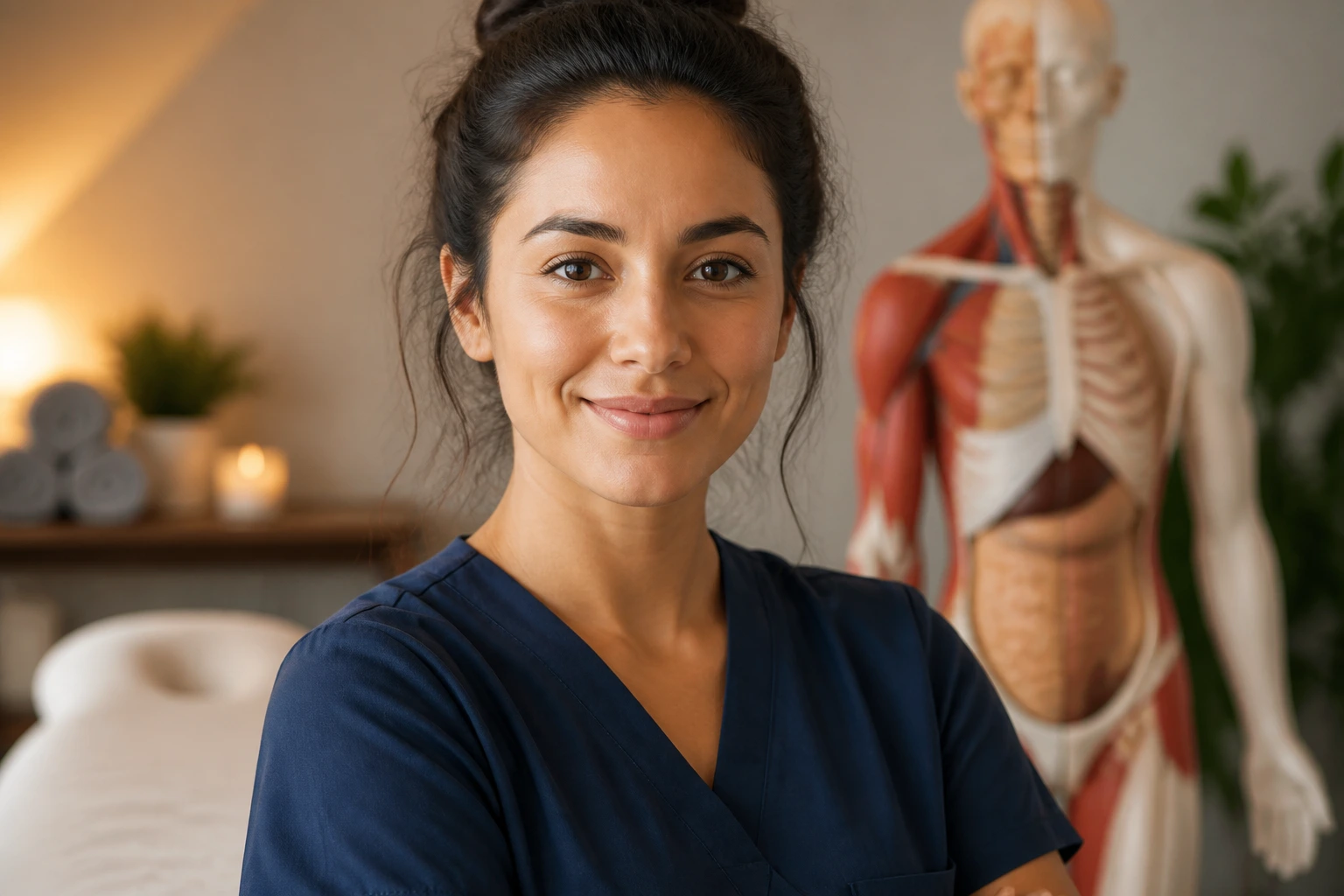 Therapist portrait with anatomy model in background implying qualifications