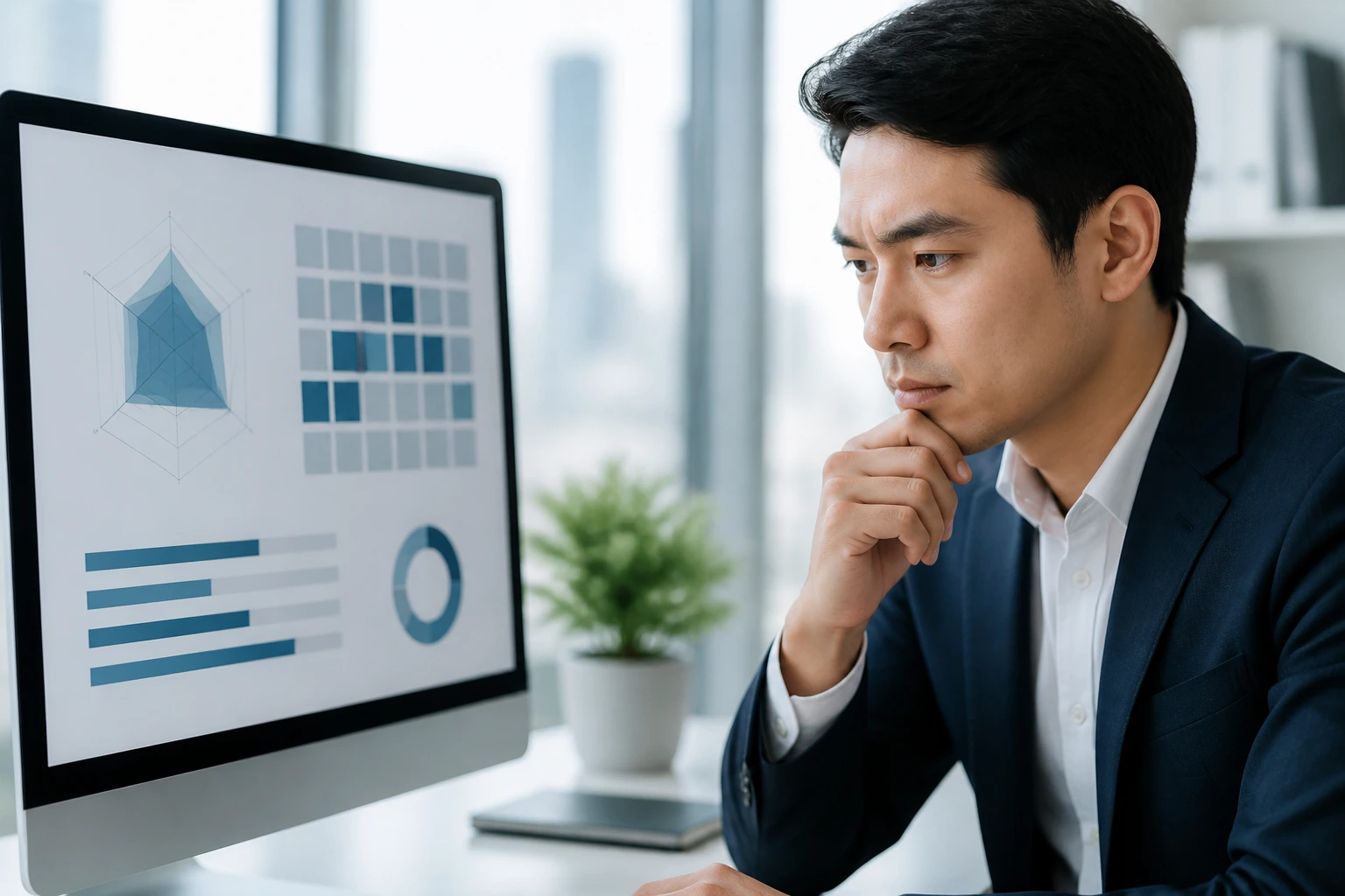 Candidate evaluating qualifications against market demand with charts on screen