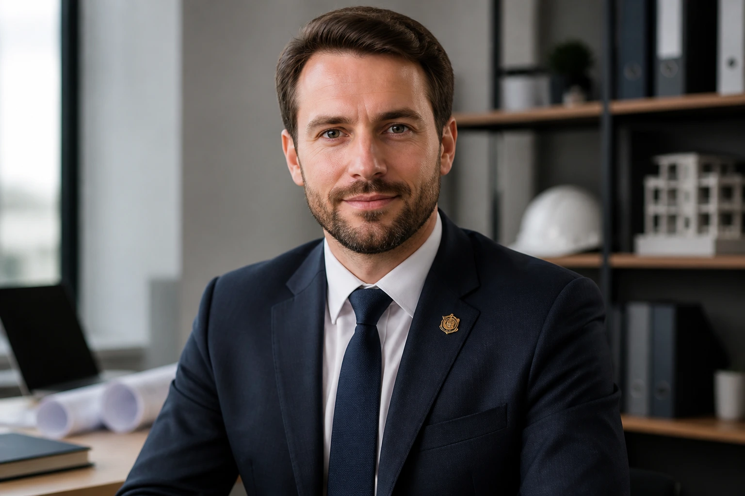 Professional portrait highlighting qualification and membership status through symbols.