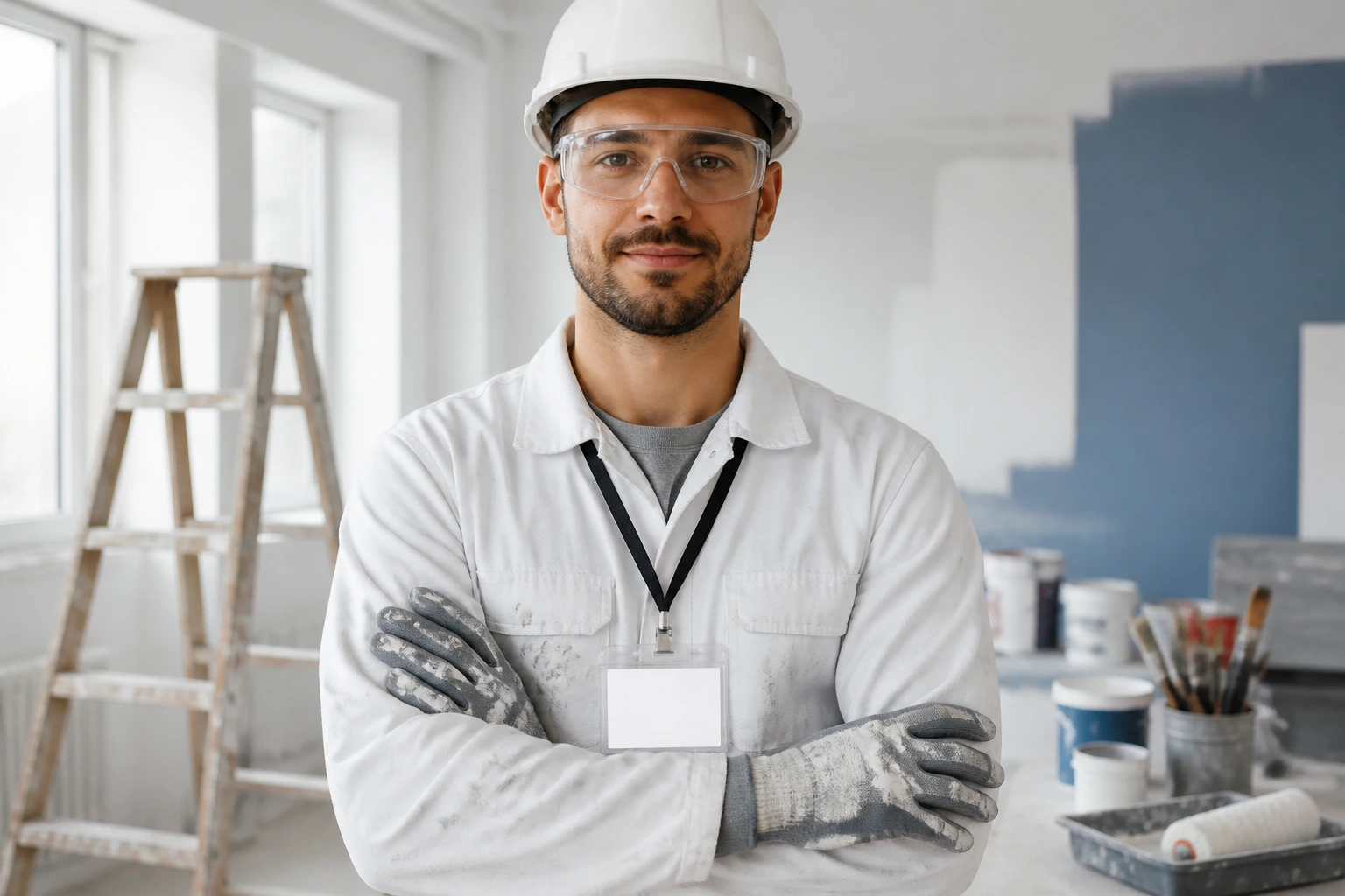 Portrait of a painter in PPE with a blank badge, implying qualifications and site cards.