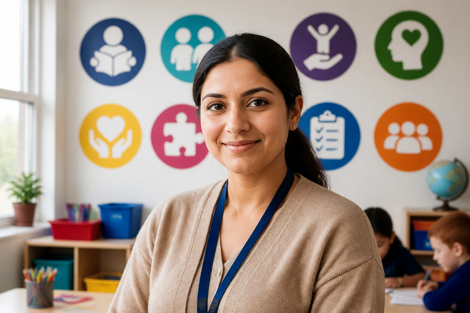 Portrait of applicant in classroom highlighting qualifications with skill-icons background