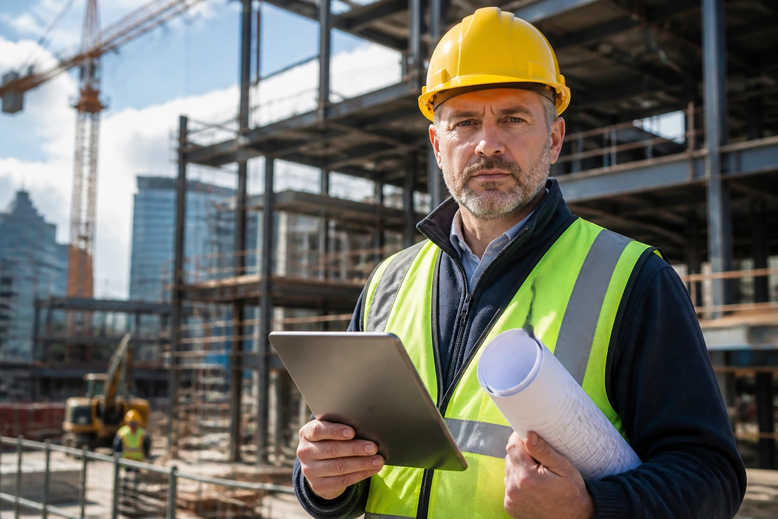 Close-up of a Quantity Surveyor on a construction site with hard hat and hi-vis vest.