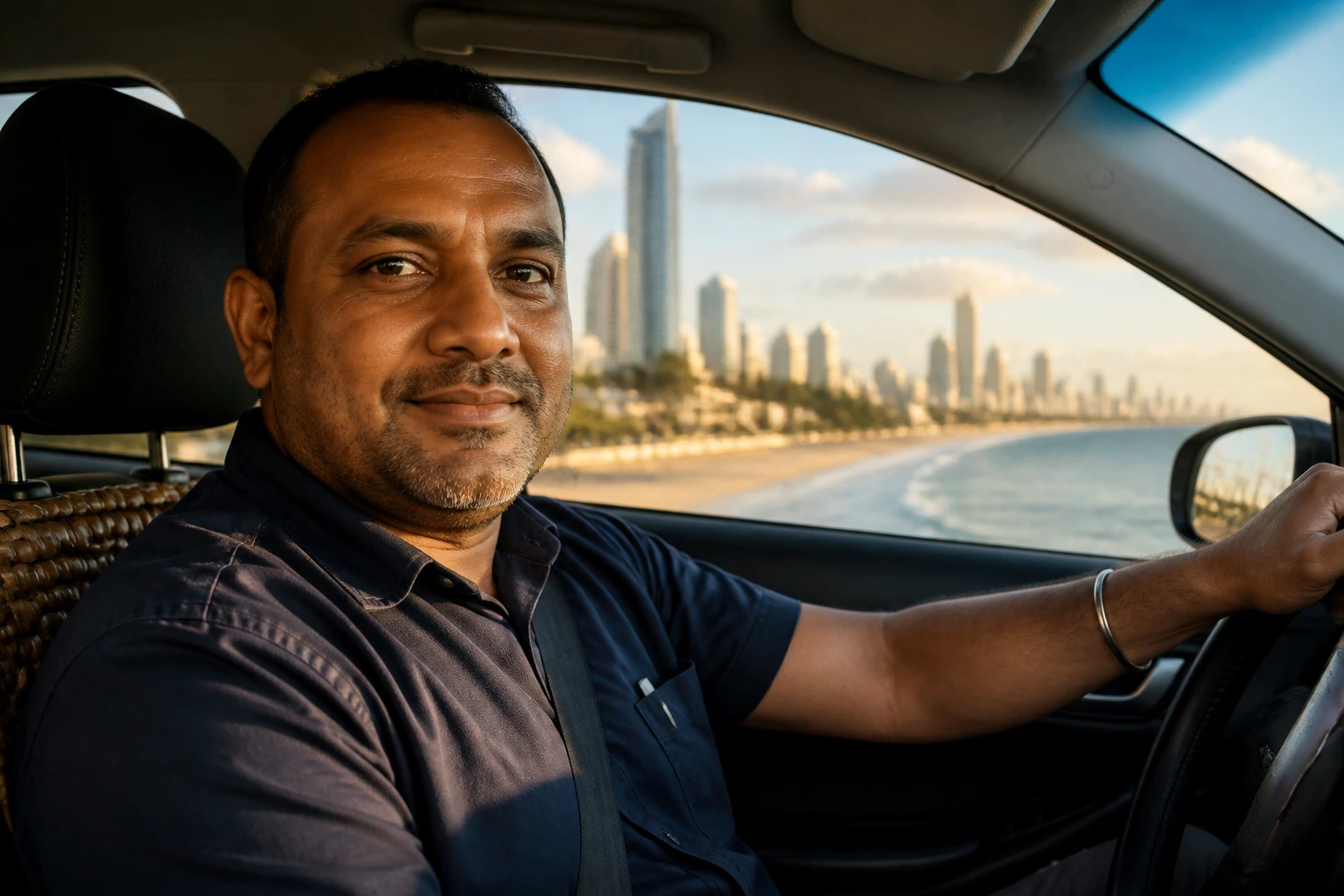 Taxi driver with coastal city backdrop highlighting Queensland demand areas