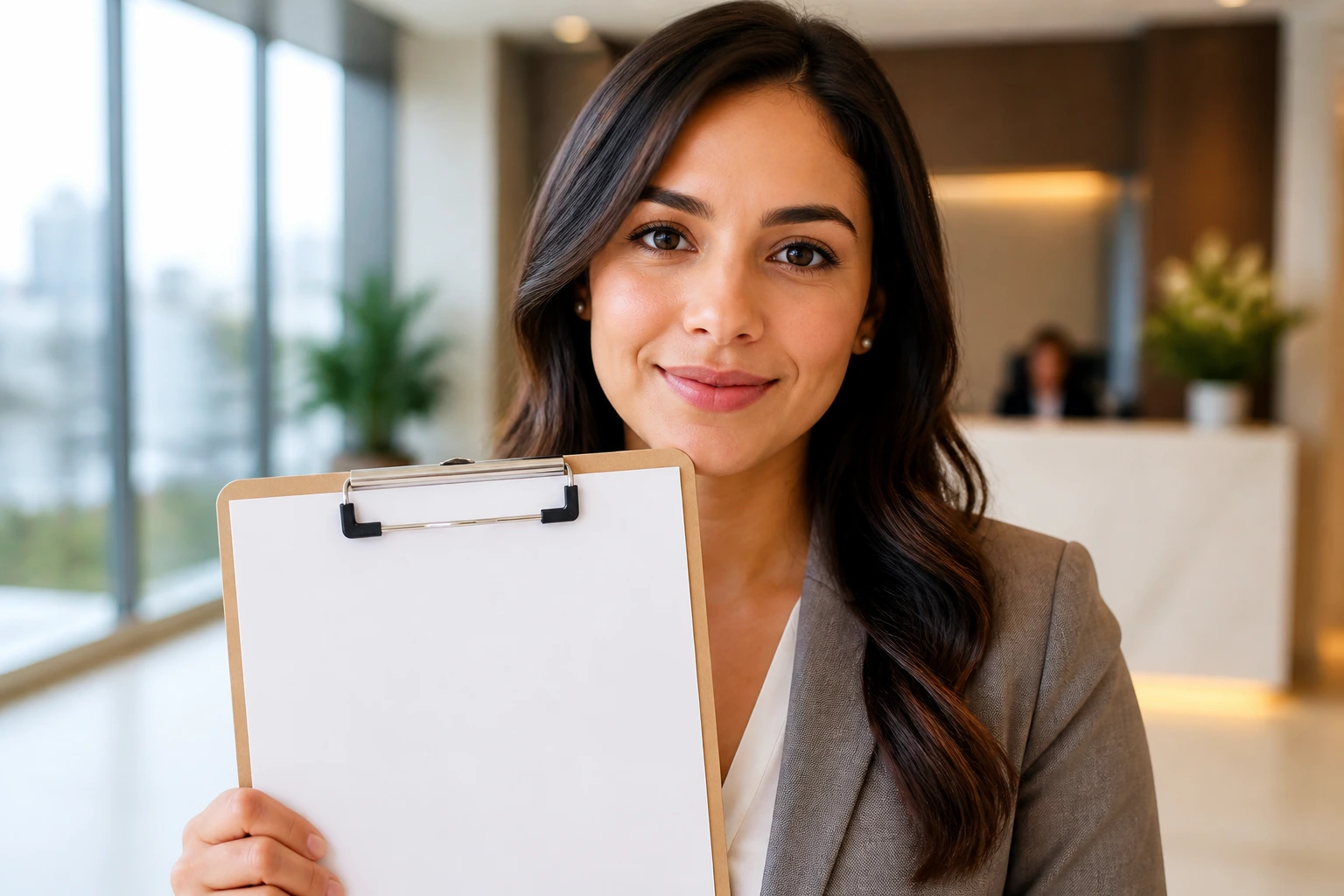 Close-up professional with blank clipboard in modern office, representing questions before accepting a job