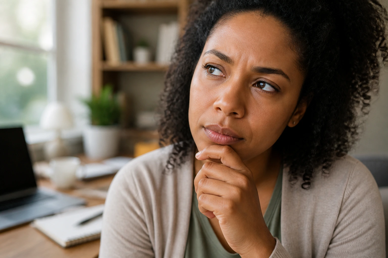 Close-up portrait of a thoughtful person in a home office considering questions about sponsorship