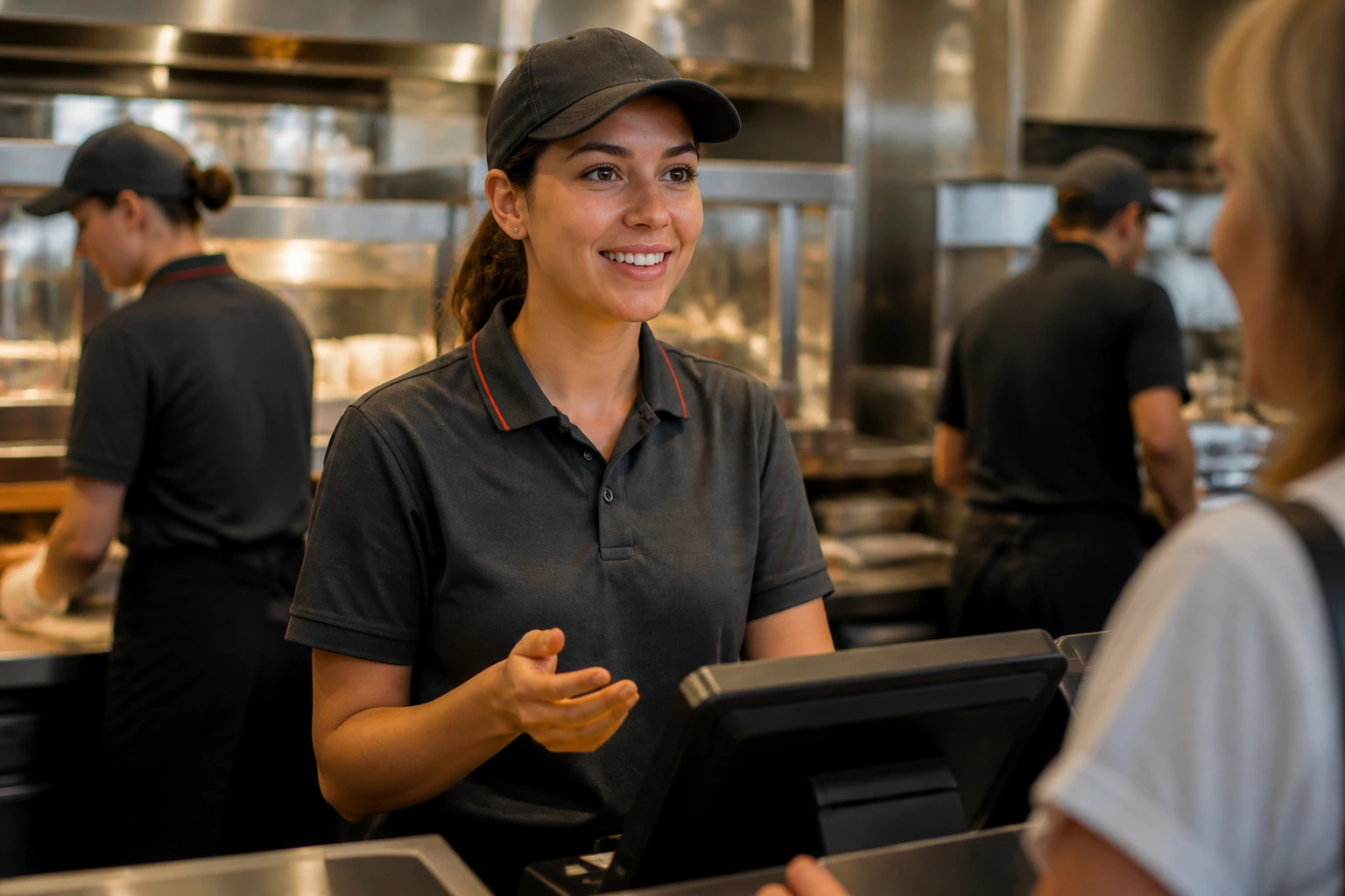 Crew member at a busy front counter in an Australian quick-service restaurant