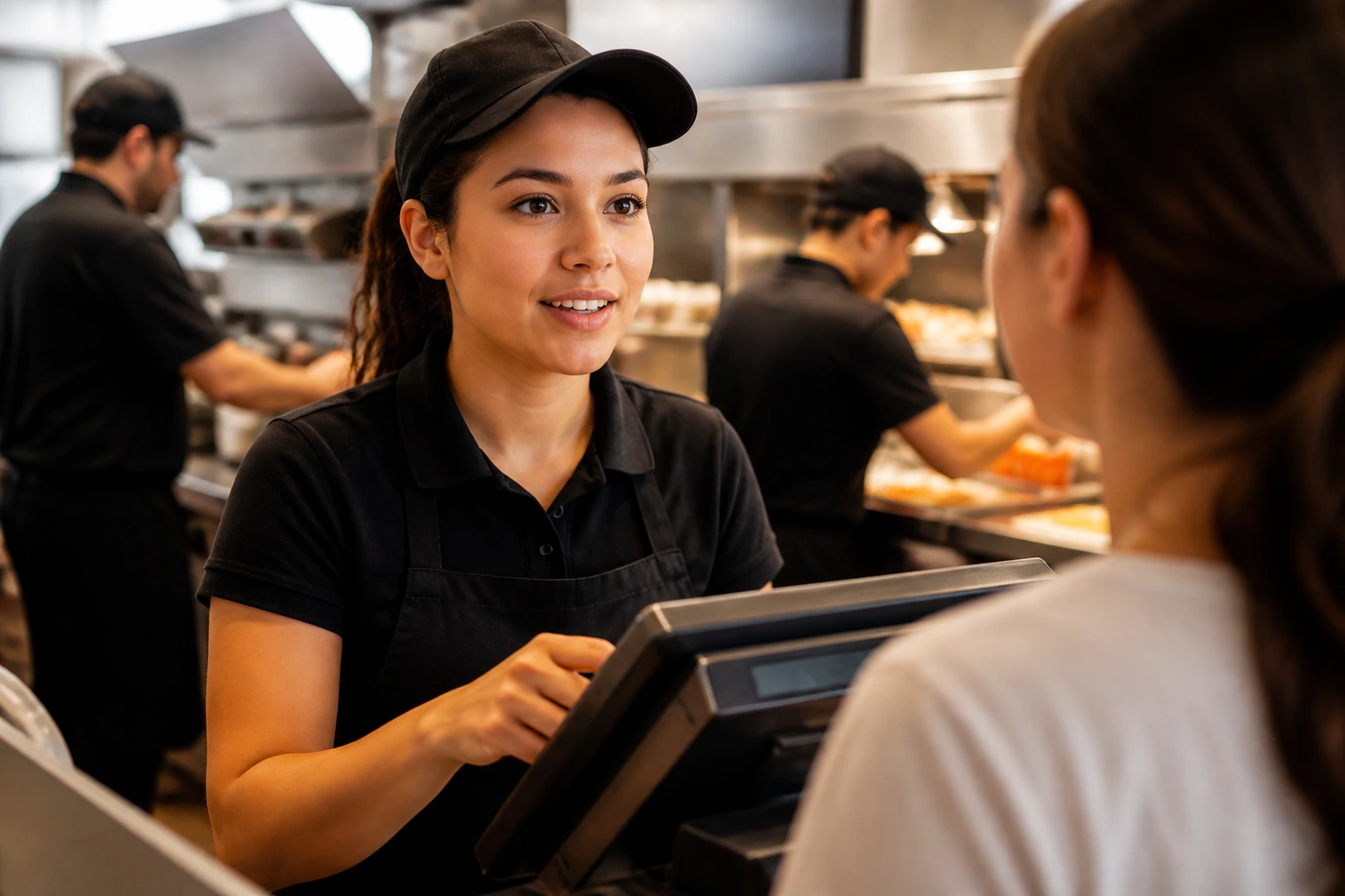 Close-up of a real fast-food crew member's hands at a counter taking an order, warm lighting.