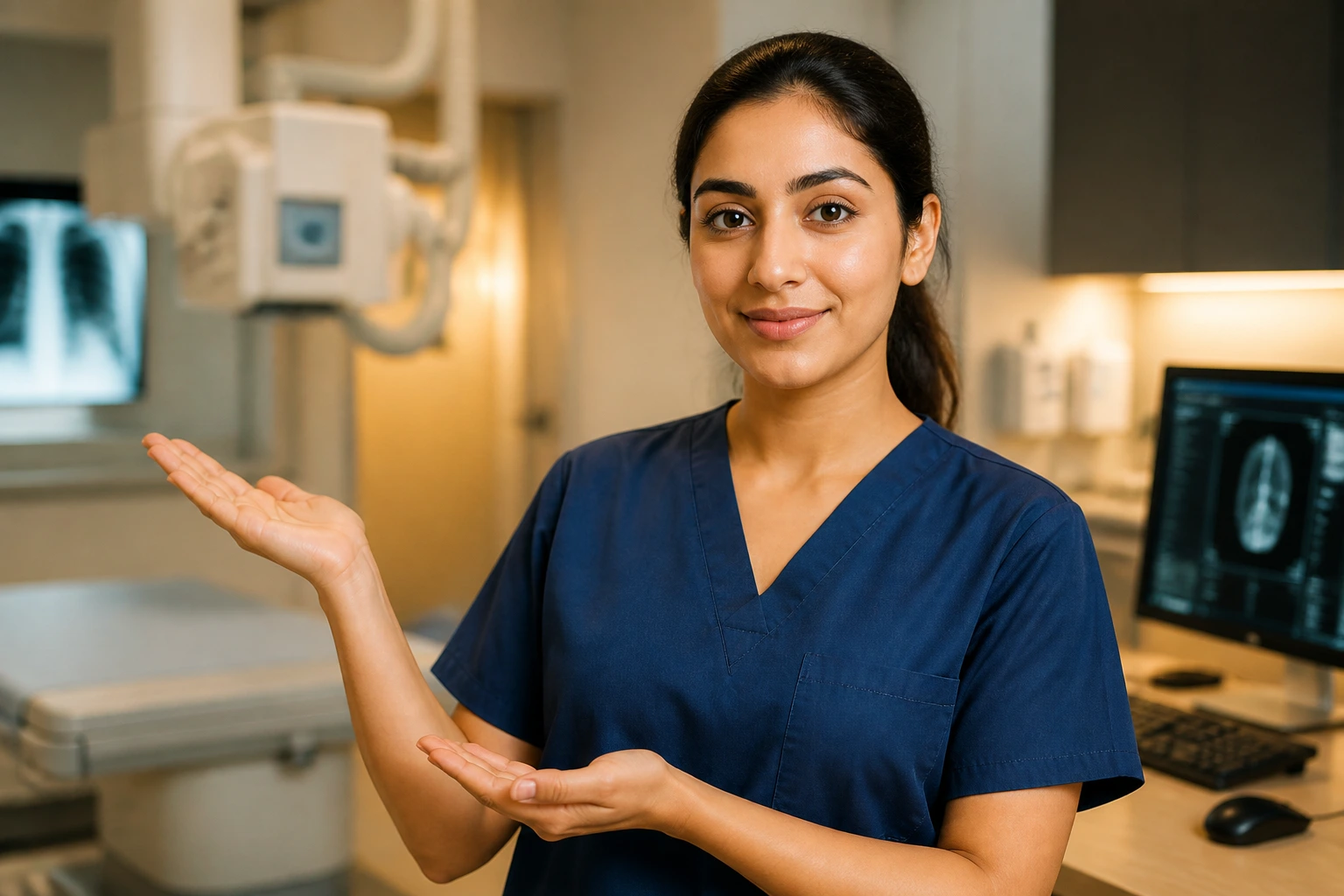 Radiographer in a modern hospital presenting with confidence