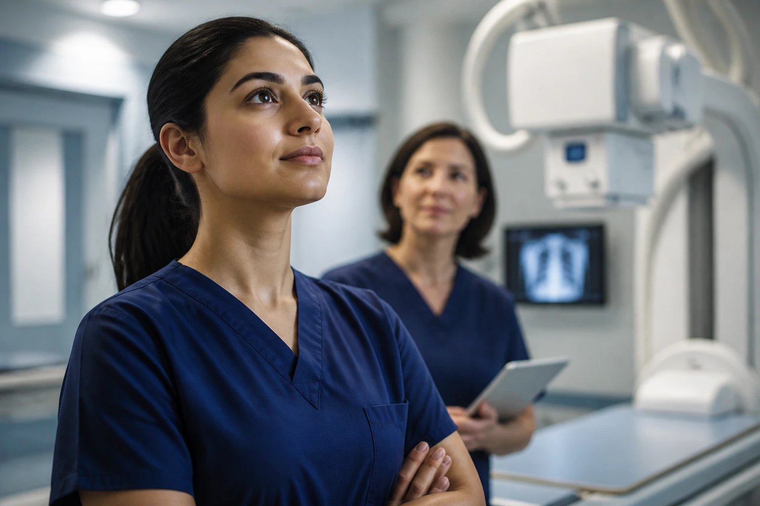 Radiographer in radiology department contemplating career progression and specialization