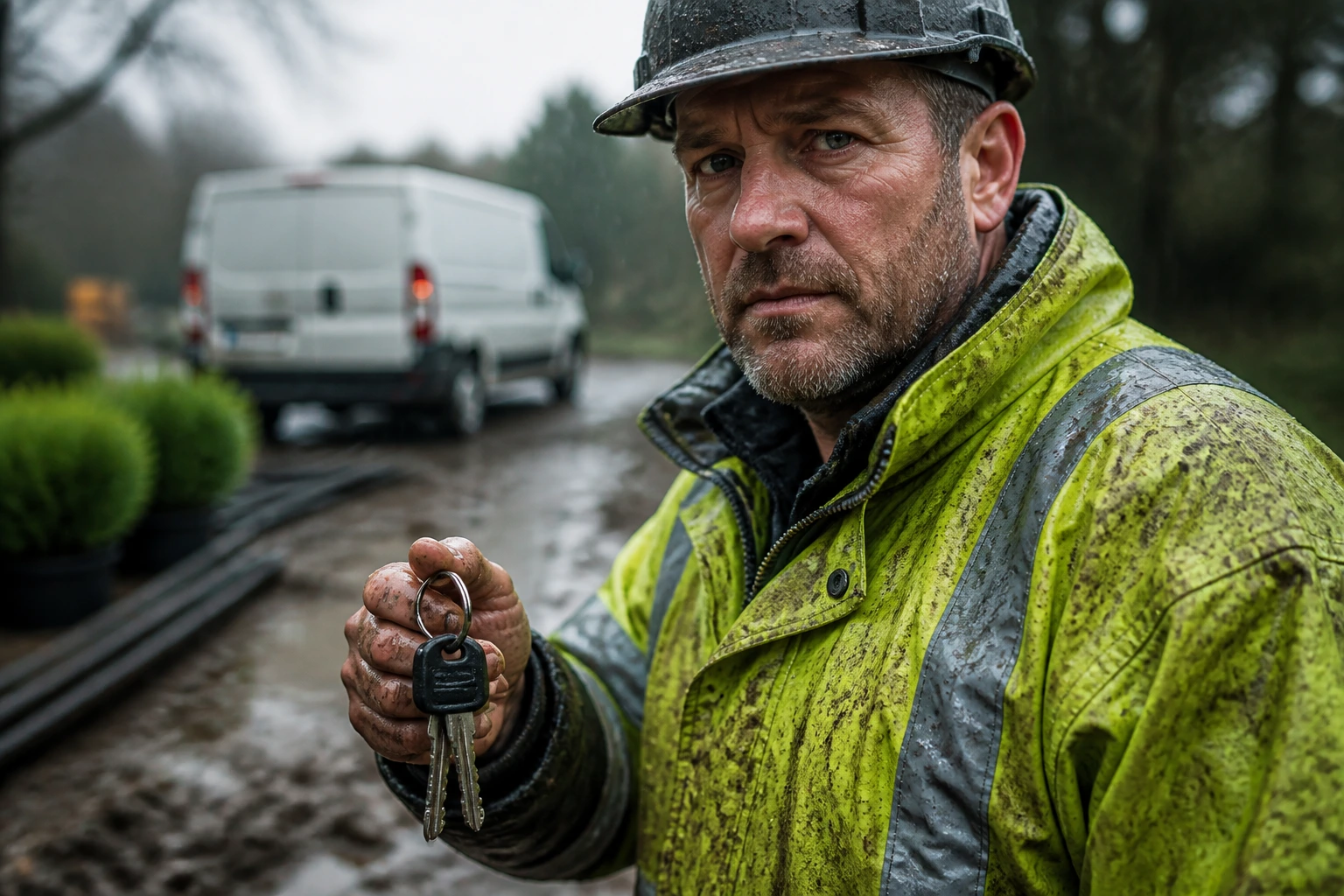 Rainy day landscaper holding van keys on a wet construction site